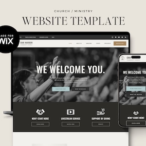 May include: A website template for churches and ministries. The template features a black and white image of a crowd of people with their hands raised in the air. The text "We Welcome You." is displayed in large, bold letters. The website also includes links to "Plan Your Visit", "What We Believe", "New? Start Here!" and "Livestream Service".