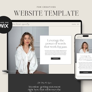 May include: A website template for creatives, featuring a woman with blonde hair sitting in front of a white wall. The website design is minimalist and modern, with a black and white color scheme. The text on the website says "Leverage the power of words that work for you." and "Attention getting statement right here that addresses the".