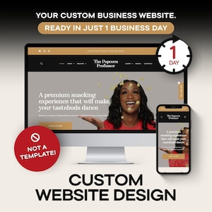 Pode incluir: Um monitor de computador e um smartphone exibindo um site personalizado para The Popcorn Professor. A tela mostra uma pessoa de camisa vermelha com pipoca, o texto A premium snacking experience e um círculo vermelho com NOT A TEMPLATE.