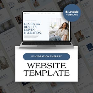 May include: A laptop displaying a website template for IV hydration therapy. The screen shows text reading LUXURY and RESULTS-DRIVEN HYDRATION, a blue circular badge with the text Lovable TEMPLATE, and a white banner with IV HYDRATION THERAPY.