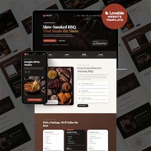 May include: A website template for a barbecue catering business displayed on a laptop and smartphone screen. The design features a dark color palette with white text, showcasing sections for menu options, event packages, and food photography.