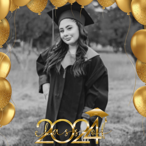 GRADUATION 2024 OVERLAY Klasse von 2024 6 verschiedene Größen bereit zu verwenden Quadrat 360 Photo Booth Shiny Metallic Gold Luftballons Snappic Touchpix