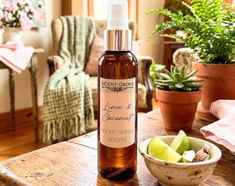 Lime & Coconut Scented Air Freshener Spray multi purpose for car, home, room linen handmade vegan natural fragrance spray bottle small large