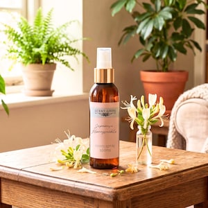 May include: A brown glass room spray bottle with a gold cap and a white label that reads "Scent Grove Japanese Honeysuckle". The bottle contains 100ml of room spray. It sits on a wooden table, next to a small glass vase of white flowers.