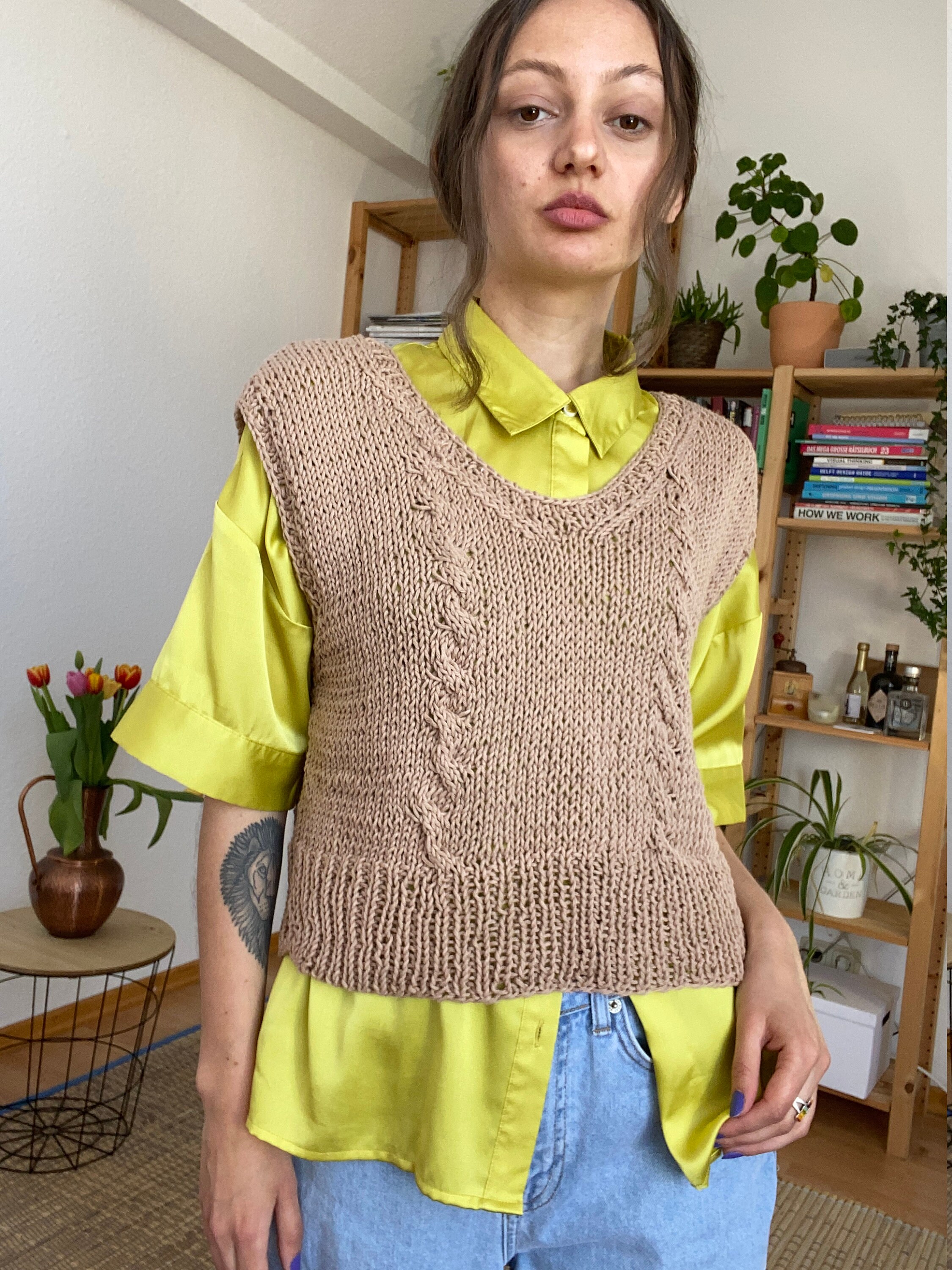 Hand-knitted Vest Light Gold Brown With 