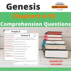 May include: A stack of books and two worksheets with the text "Genesis 6" and comprehension questions. The image also includes the text "Chapters 6-10 Comprehension Questions" and "Bible Lesson Plans". The words "Answer Key Included" are also visible.