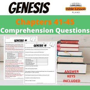 Puede incluir: Hojas de trabajo y libros con el título "Génesis Capítulos 41-45 Preguntas de comprensión". Las hojas de trabajo contienen preguntas sobre Génesis 41. Las palabras "Claves de respuestas incluidas" están en la esquina inferior derecha.