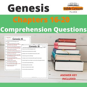 May include: Two black and white printable worksheets with the title "Genesis 16" and "Genesis 16" with comprehension questions about the Bible story. The worksheets are on a wooden table with a stack of books.
