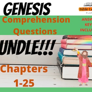 May include: A stack of books with a rainbow above them. The books are labeled "Genesis Comprehension Questions Bundle!! Chapters 1-25". A cartoon man with a beard and a staff stands in front of the books. The text "Bible Lesson Plans Answer Keys Included" is in the top right corner.