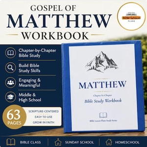 May include: A blue three-ring binder workbook titled Gospel of Matthew. The cover features a mountain illustration, the text Matthew Chapter-by-Chapter Bible Study Workbook, and a Bible Lesson Plans logo. The side panel lists 63 pages.