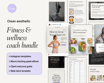 Fitness wellnesscoach canva-sjabloonbundel | Fitness Instagram-sjablonen | Welkomstgids voor klanten | Macro eBook-sjabloon