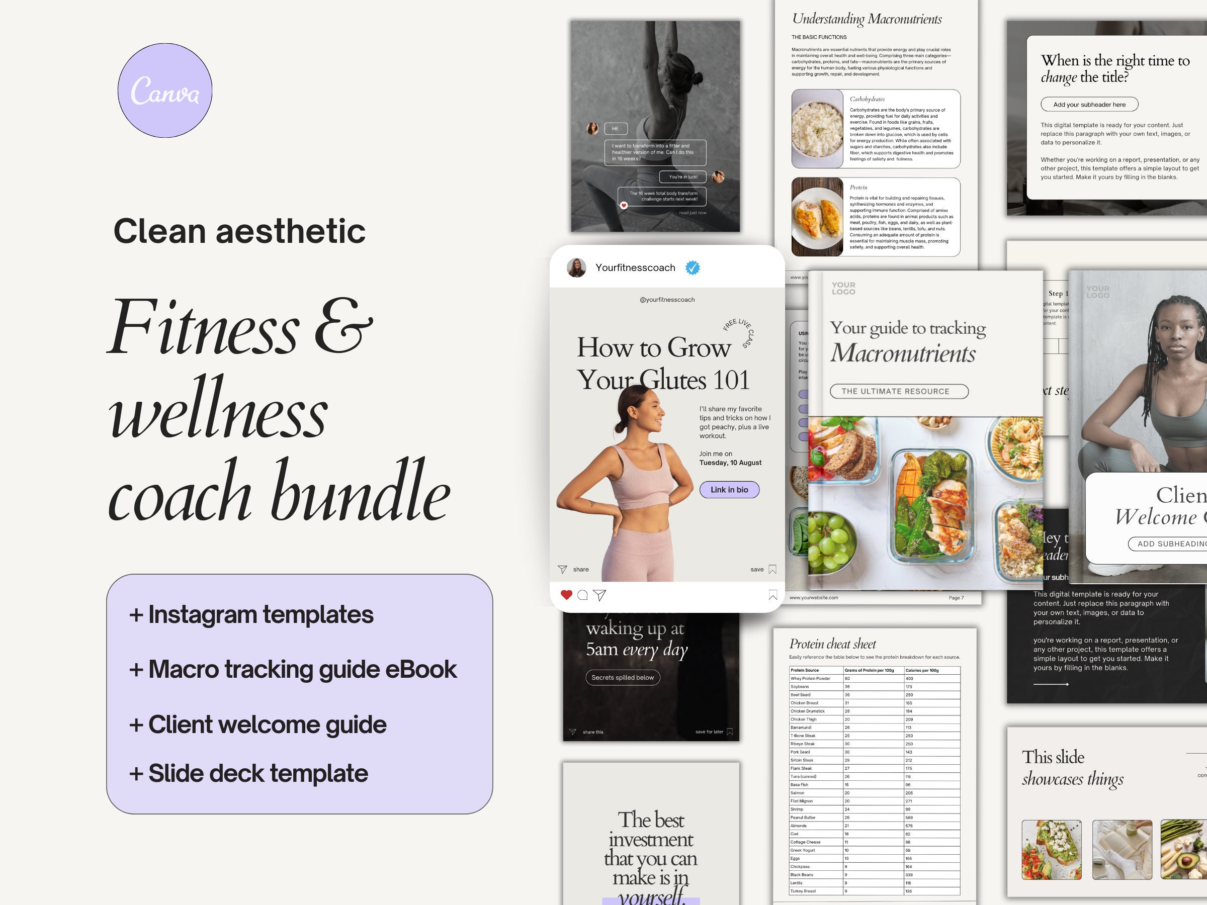 Fitness wellness coach canva template bundle | Fitness Instagram templates | Client Welcome Guide | Macro eBook Template