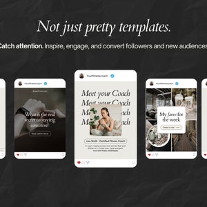 May include: Five Instagram post templates for a fitness coach. The templates feature images of food, a fitness coach, and a coffee shop. The text on the templates includes "My Current Protein Faves", "What is the real secret to staying consistent?", "Meet your Coach", "My faves for the week", and "The best investment that you can make is in yourself."