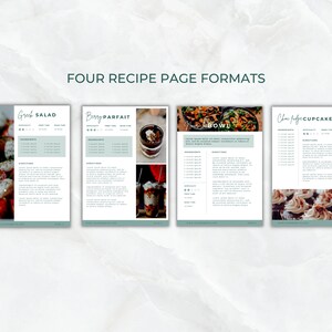 May include: Four recipe page formats with different layouts and images. The recipes are for Greek Salad, Berry Parfait, Chicken Noodle Bowl, and Chocolate Fudge Cupcakes.