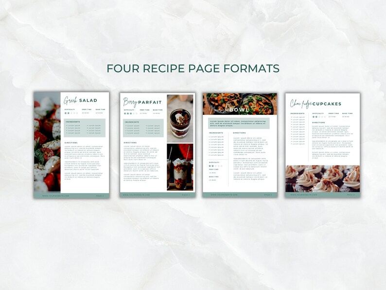 May include: Four recipe page formats with different layouts and images. The recipes are for Greek Salad, Berry Parfait, Chicken Noodle Bowl, and Chocolate Fudge Cupcakes.