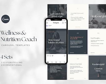 Wellness Coach Instagram Carousel Templates, Canva Editable (Digital Download)