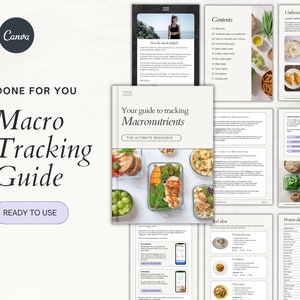 May include: A guide to tracking macronutrients with a colourful cover featuring a meal prep container with chicken, rice, and vegetables. The guide includes a table of contents, meal ideas, and a protein cheat sheet.
