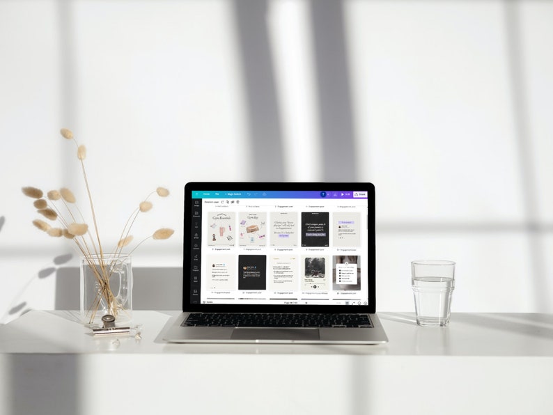May include: A laptop computer with a white background. The laptop screen displays a social media management tool with several pre-designed templates for Instagram posts. The templates feature various designs and text.
