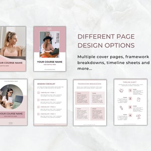 Op de afbeelding: Een verzameling digitale pagina-ontwerpopties, waaronder omslagpagina's, checklists, framework-uitsplitsingen en tijdlijnsheets. De pagina's hebben een roze en wit kleurenschema met tekst als "YOUR COURSE NAME" en "DIFFERENT PAGE DESIGN OPTIONS".