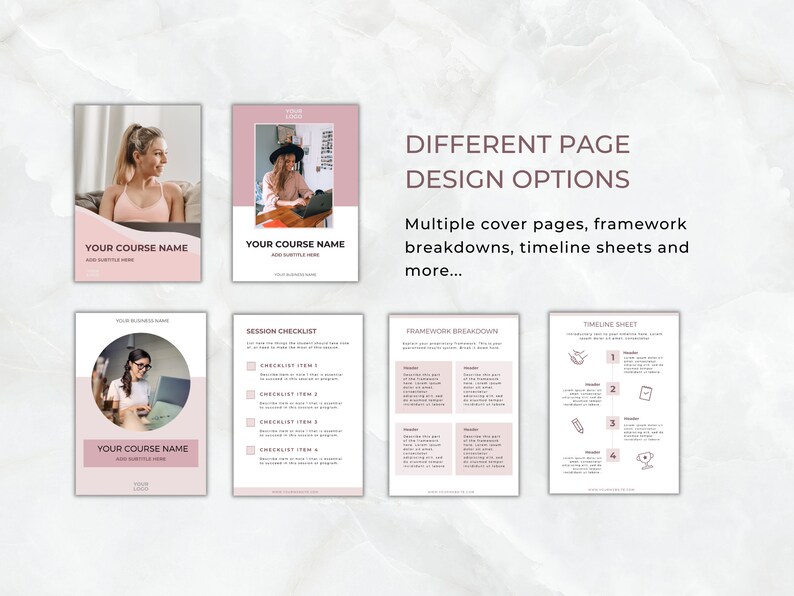Op de afbeelding: Een verzameling digitale pagina-ontwerpopties, waaronder omslagpagina's, checklists, framework-uitsplitsingen en tijdlijnsheets. De pagina's hebben een roze en wit kleurenschema met tekst als "YOUR COURSE NAME" en "DIFFERENT PAGE DESIGN OPTIONS".