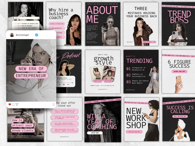 May include: A collage of 12 Instagram story templates with pink and black accents. The templates feature text about business coaching, growth style, and success. Some templates include images of women.