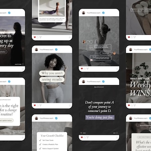 May include: A collage of nine Instagram posts from a fitness coach. The posts feature motivational quotes, tips, and advice on fitness, health, and wellness. The posts are designed to inspire and encourage people to live a healthier lifestyle.