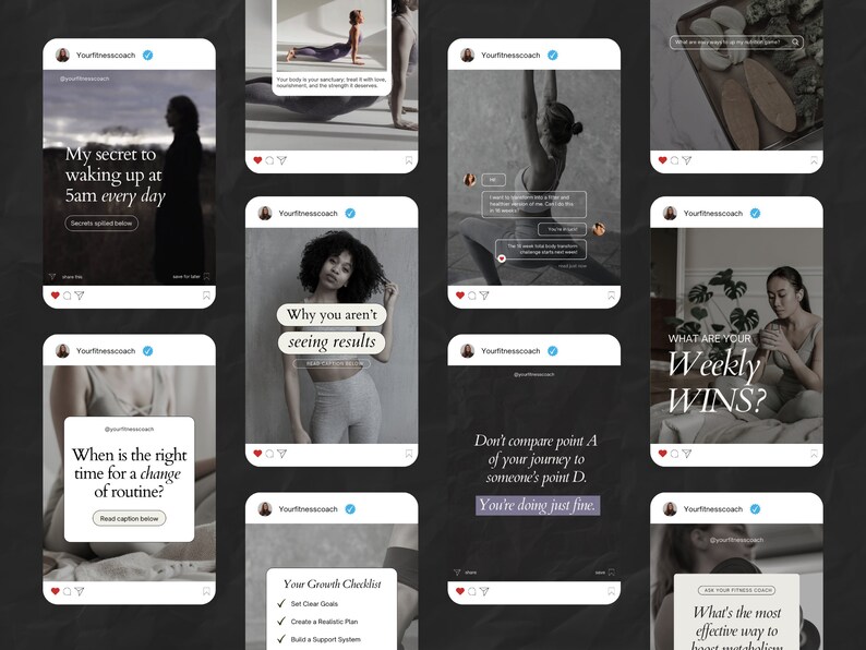 May include: A collage of nine Instagram posts from a fitness coach. The posts feature motivational quotes, tips, and advice on fitness, health, and wellness. The posts are designed to inspire and encourage people to live a healthier lifestyle.