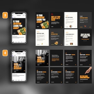 May include: A series of Instagram story graphics with a black background and orange text. The graphics provide tips on nutrition, rest, and recovery for fitness enthusiasts. The text includes phrases like "Is your nutrition losing you gains?" and "Ready for gains that match your efforts?"