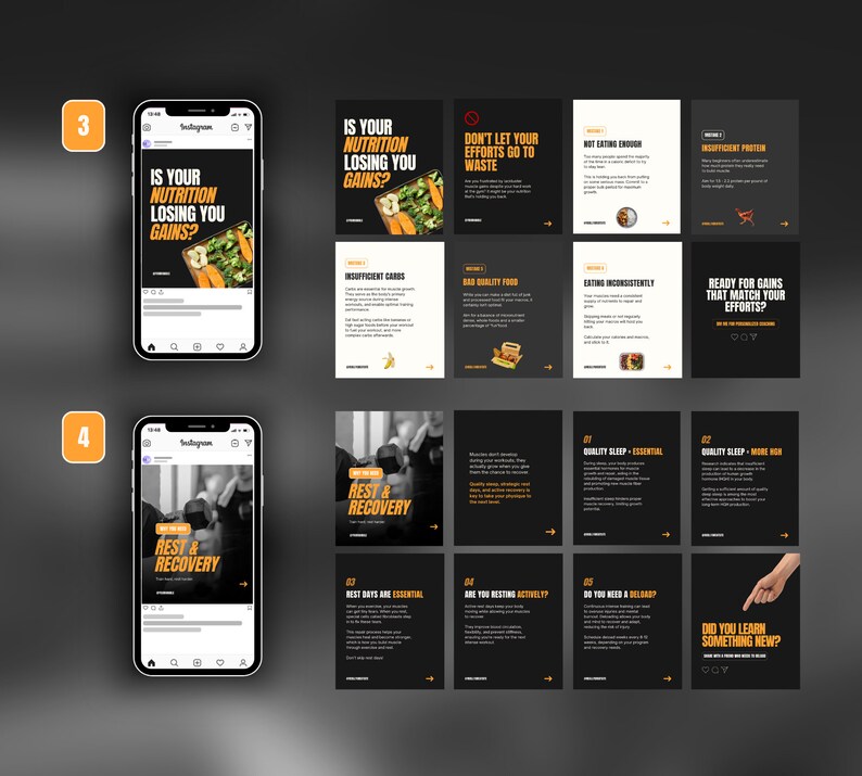 May include: A series of Instagram story graphics with a black background and orange text. The graphics provide tips on nutrition, rest, and recovery for fitness enthusiasts. The text includes phrases like "Is your nutrition losing you gains?" and "Ready for gains that match your efforts?"