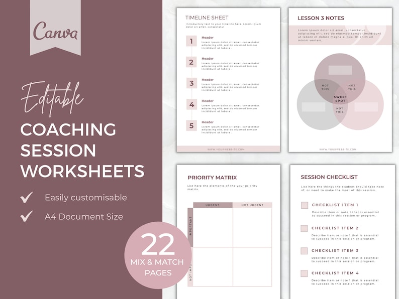 Op de afbeelding: Een verzameling bewerkbare coaching sessie werkbladen in een zacht mauve kleurenschema. Het ontwerp omvat een tijdlijn, lesnotities, een prioriteitenmatrix en een sessie checklist. De Canva-documenten zijn eenvoudig aan te passen en A4-formaat.