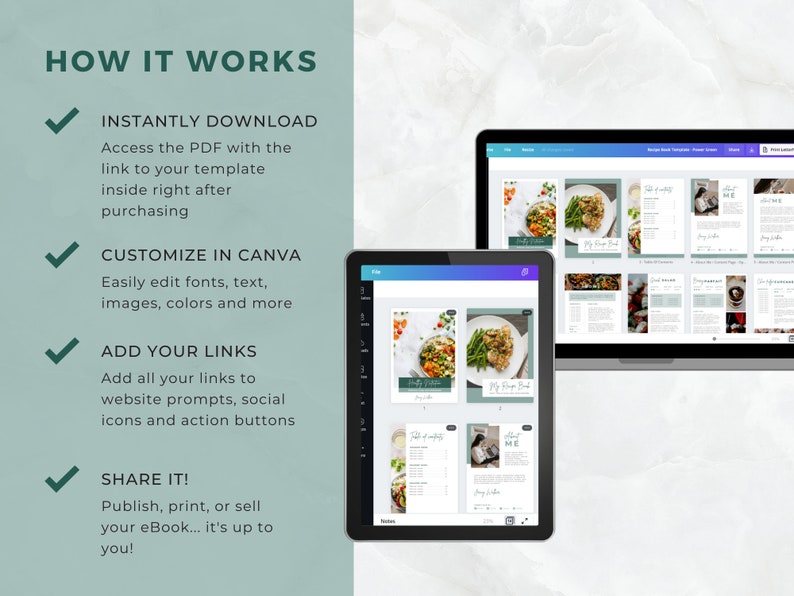 May include: A digital illustration showing how to use a recipe book template. The template is shown on a laptop and tablet screen. The text on the screen says "My Dinner Food". The text on the left side of the image says "INSTANTLY DOWNLOAD", "CUSTOMIZE IN CANVA", "ADD YOUR LINKS", and "SHARE IT!"