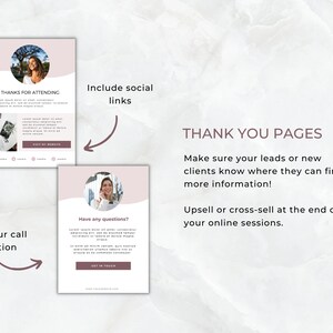 Op de afbeelding: Twee digitale marketing templates met een lichtroze en wit ontwerp. De templates bevatten de tekst "THANKS FOR ATTENDING" en "Have any questions?" met oproepen tot actie om een website te bezoeken en contact op te nemen.
