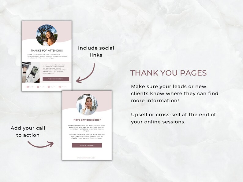Op de afbeelding: Twee digitale marketing templates met een lichtroze en wit ontwerp. De templates bevatten de tekst "THANKS FOR ATTENDING" en "Have any questions?" met oproepen tot actie om een website te bezoeken en contact op te nemen.