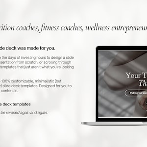 May include: A laptop displaying a presentation template with the text "Your Title Goes This Space." The image also includes text that reads "Nutrition coaches, fitness coaches, wellness entrepreneurs..." and "+20 slide deck templates."