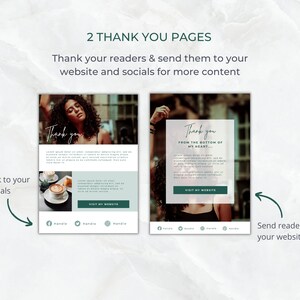 May include: Two thank you page templates with a call to action to visit a website. The first page features a woman with curly hair and a coffee cup. The second page features a woman with her arm raised in the air. Both pages have a button that says "Visit My Website".