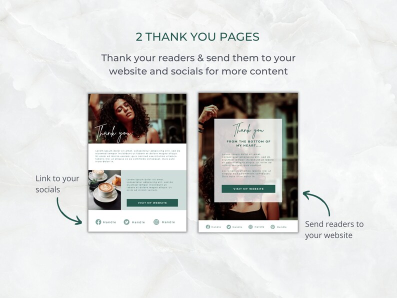 May include: Two thank you page templates with a call to action to visit a website. The first page features a woman with curly hair and a coffee cup. The second page features a woman with her arm raised in the air. Both pages have a button that says "Visit My Website".