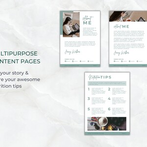 May include: Three printable content pages for social media or a website. The first page is a light blue background with the text "About Me" and a photo of a person working on a laptop. The second page is a light blue background with the text "Nutrition Tips" and a list of six tips. The third page is a light blue background with the text "About Me" and a photo of a person working on a laptop.