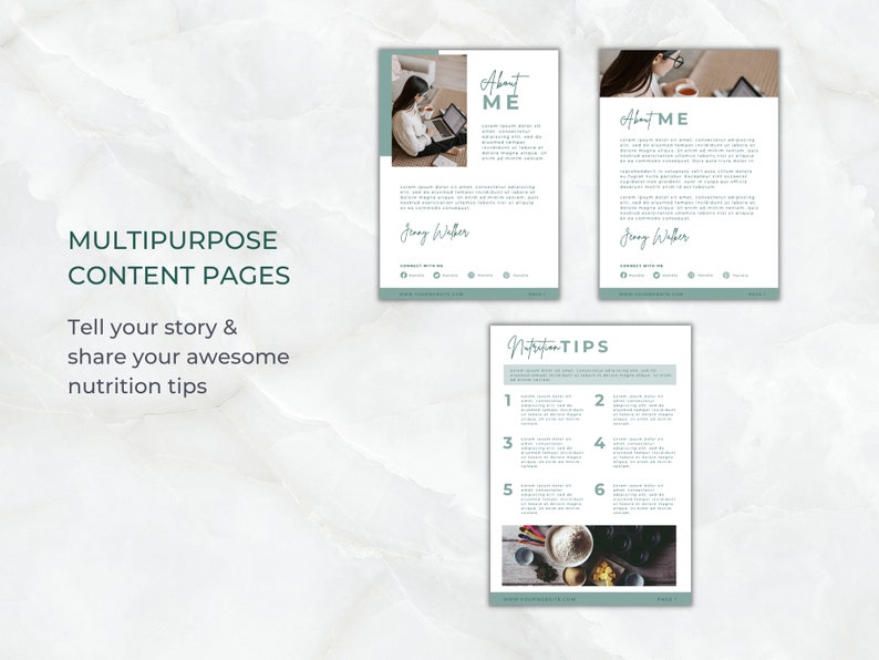 May include: Three printable content pages for social media or a website. The first page is a light blue background with the text "About Me" and a photo of a person working on a laptop. The second page is a light blue background with the text "Nutrition Tips" and a list of six tips. The third page is a light blue background with the text "About Me" and a photo of a person working on a laptop.