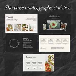 May include: A digital presentation template with the text "Showcase results, graphs, statistics..." and various slide layouts. The slides feature placeholder text and images, including food and a laptop screen. The overall design is minimalist with a dark background.