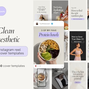 May include: A collage of nine Instagram reel cover templates with various health and wellness themes. The templates feature text overlays, images of food, and people exercising. Some of the text includes "stop doing *THIS* in the morning", "Not boring hydration recipes", "How to find the right nutrition plan", "3 of my fave protein bowls", "How to Grow Your Glutes 101", "Let's get flexible in 30 mins", "GLOW UP with me", "This is the best investment you can make yourself", and "5 bad habits to break in 2025".