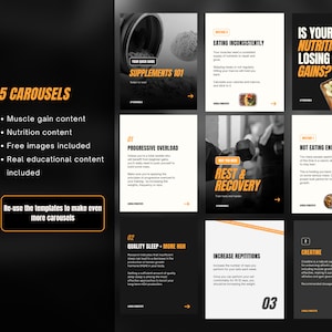 May include: A set of five black and orange Instagram carousel templates with text and images related to fitness and nutrition. The text includes "Is your nutrition losing you gains?", "Eating inconsistently", "Not eating enough", "Rest & Recovery", "Progressive Overload", "Quality Sleep - More HGH", "Increase Repetitions", and "Creatine".
