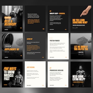 May include: A series of nine Instagram-style posts with tips for building muscle. The posts feature images of a person lifting weights, a scoop of protein powder, and a person sleeping. The text on the posts includes tips such as "Rest & Recovery", "Supplements 101", "Quality Sleep", "Progressive Overload", and "Need Some Extra Help?"