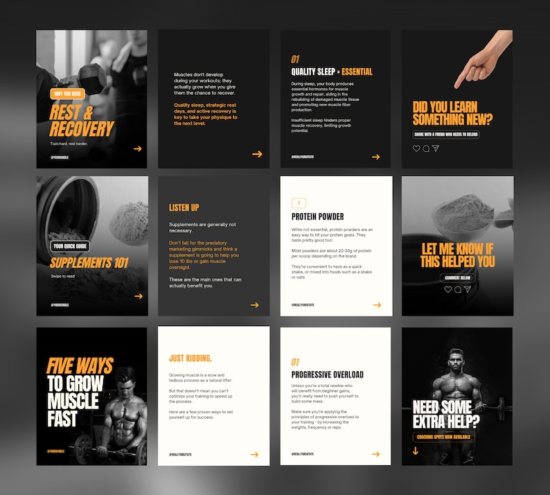 May include: A series of nine Instagram-style posts with tips for building muscle. The posts feature images of a person lifting weights, a scoop of protein powder, and a person sleeping. The text on the posts includes tips such as "Rest & Recovery", "Supplements 101", "Quality Sleep", "Progressive Overload", and "Need Some Extra Help?"