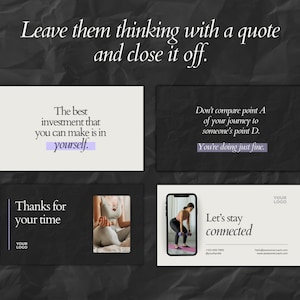 May include: A dark gray background with four rectangular cards featuring motivational quotes and text. One card reads "The best investment that you can make is in yourself." Another says "Don't compare point A of your journey to someone's point D. You're doing just fine."