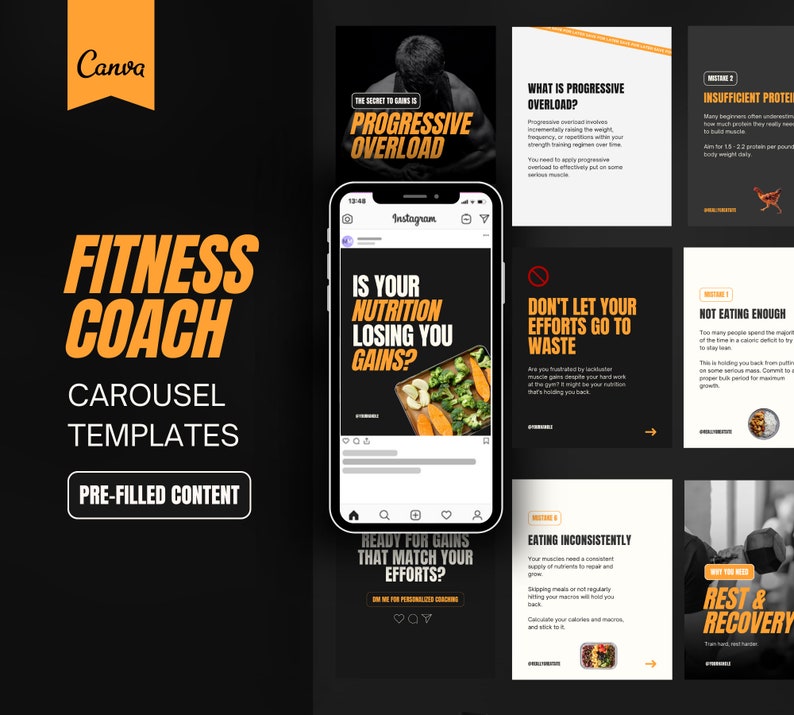 May include: A black and orange fitness coach carousel template with the text "Fitness Coach" and "Carousel Templates" in large, bold, white letters. The template includes a phone mockup with a black and orange Instagram post that says "Is your nutrition losing you gains?" and a series of black and orange Instagram posts with fitness tips.