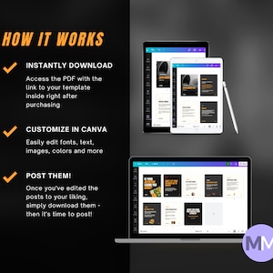 May include: A laptop screen displaying a Canva design template with a black background and yellow text. The template is for social media posts and includes text such as "Is your business losing you?" and "Don't let your efforts go to waste".