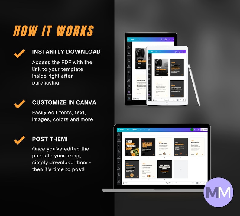 May include: A laptop screen displaying a Canva design template with a black background and yellow text. The template is for social media posts and includes text such as "Is your business losing you?" and "Don't let your efforts go to waste".
