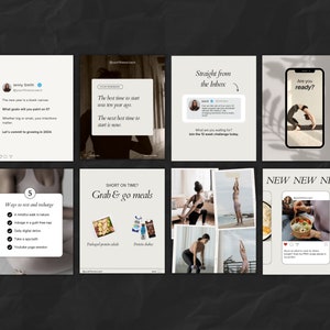 May include: A collage of nine Instagram posts about health and wellness. The posts feature tips for starting a new year, healthy eating, and exercise. The text in the images includes "The best time to start was last year ago. The next best time to start is now." and "5 Ways to rest and recharge: A mindful walk in nature, Indulge in a guilt-free nap, Daily digital detox, Take a spice bath,  Schedule a yoga session".