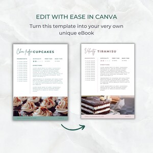 May include: Two recipe templates for cupcakes and tiramisu. The cupcake template has a picture of cupcakes with chocolate frosting and sprinkles. The tiramisu template has a picture of a layered tiramisu dessert with cocoa powder on top. Both templates have the words "Choc Fudge Cupcakes" and "Velvety Tiramisu" at the top.