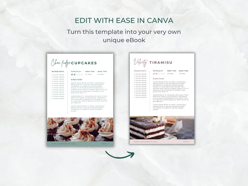 May include: Two recipe templates for cupcakes and tiramisu. The cupcake template has a picture of cupcakes with chocolate frosting and sprinkles. The tiramisu template has a picture of a layered tiramisu dessert with cocoa powder on top. Both templates have the words "Choc Fudge Cupcakes" and "Velvety Tiramisu" at the top.